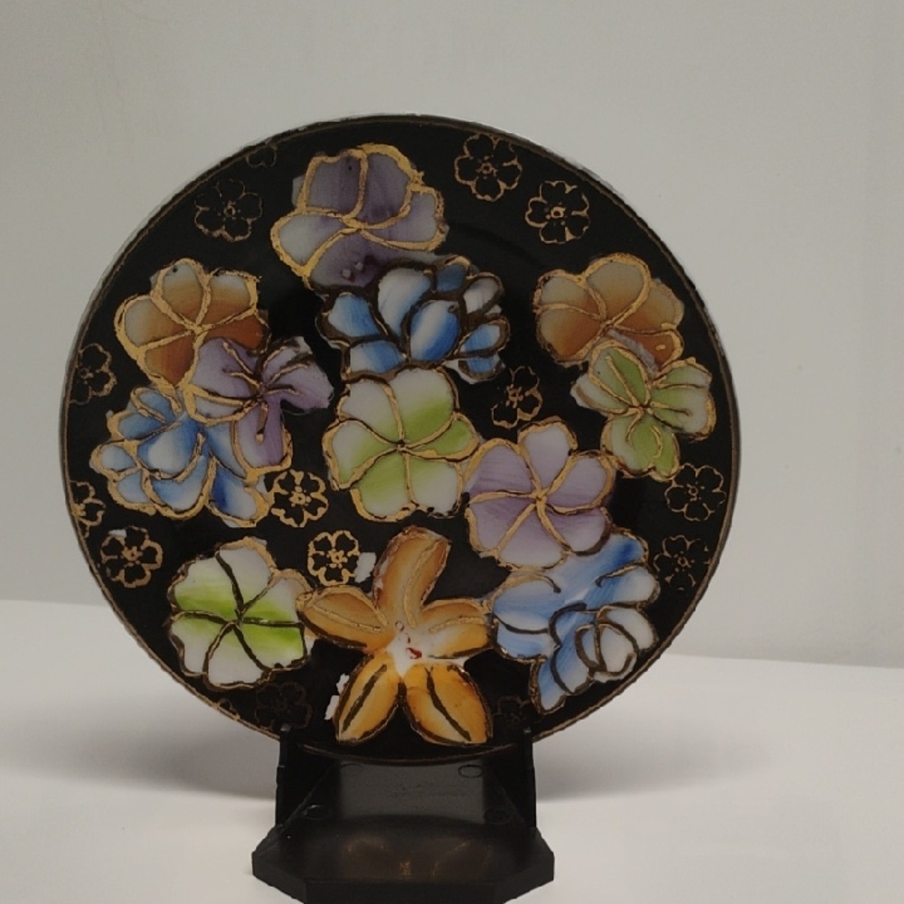 Hand-Painted Floral Cloisonné Decorative Plate in Black and Multicolor.